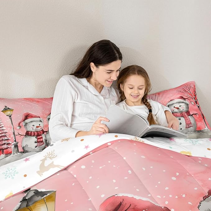 Feelyou Christmas Bedding Set Soft for Boys Girls, Pink Watercolor Snowman Comforter Set Full Size Xmas Winter Duvet Quilt Microfiber Snowflake Bedroom Decor 3 Pcs with 2 Pillow Cases