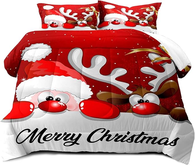 LUVIVIHOME 2PCS Merry Christmas Comforter Set - Twin Size, Funny Santa Claus Bedding, Reindeer Cute Christmas Bedroom Decor for Kids Boys Girls Teens, Xmas Gifts, 1 Pillow Case