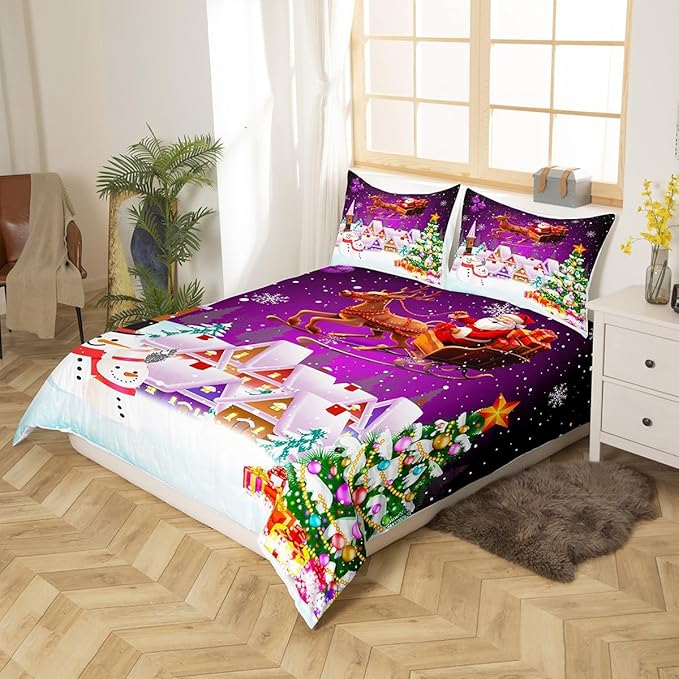 Manfei Xmas Duvet Cover Set King Size, Snowman Christmas Tree Bedding Set for Kids Boys Girls, Santa Claus with Reindeer Comforter Cover New Year Theme Quilt Cover with 2 Pillowcases, No Comforter