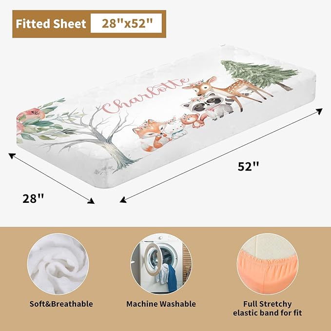 Custom Baby Crib Bedding Set, 3 Pcs Personalized Nursery Bedding Set with Name, Soft Baby Bedding Crib Sets with Blanket - Toddler Crib Sets for Girls Boys, Newborn Gifts, Pink Forest Animals