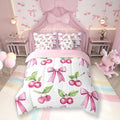 7 Pieces Pink Bowknot Kids Comforter Full,Cherry Tropical Fruit Bow Patchwork Bedding Set,Bow Tie Butterfly Knot Princess Dreamy（Comforter+Fitted+Flat Sheet+2 Pillowcases+2 Throw Pillow Covers）