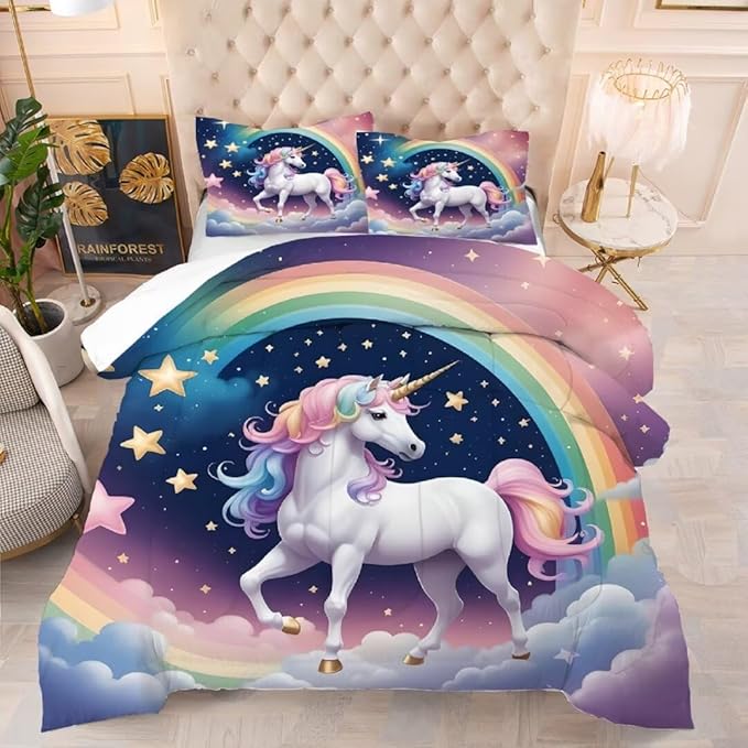 kxry Unicorn Galaxy Comforter Sets Twin Size Cartoon Blue Sky Rainbow Bedding Set Star Cloud Bedding Quilt for Kids Teens Girls 1 Comforter+ 1 Pillowcase