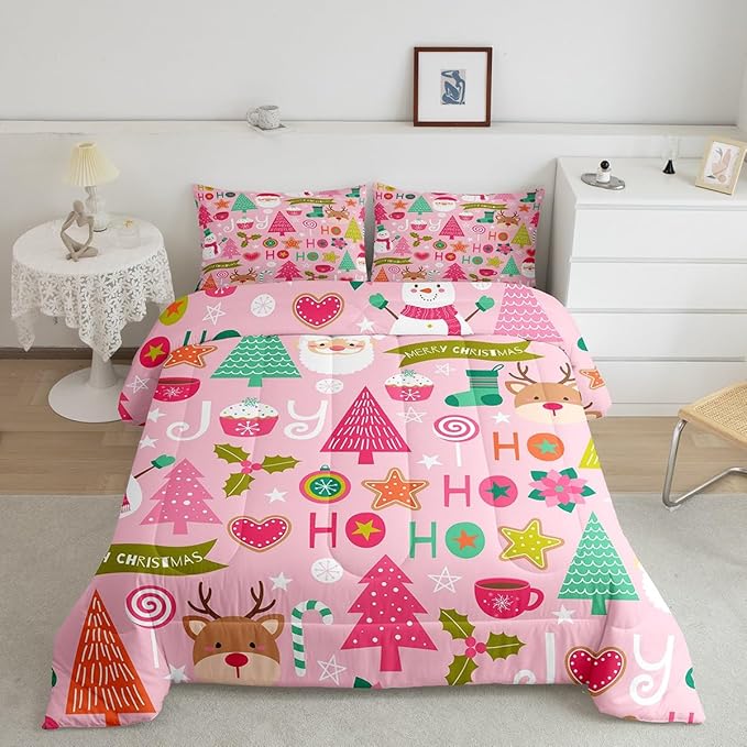 Merry Christmas Kids Comforter Set Full Size,Cartoon Santa Claus Snowman Bedding Set,Boys Girls Adults Room Decor,Christmas Trees Deer Cute Down Comforter,Pink Romantic Duvet Insert,2 Pillowcases