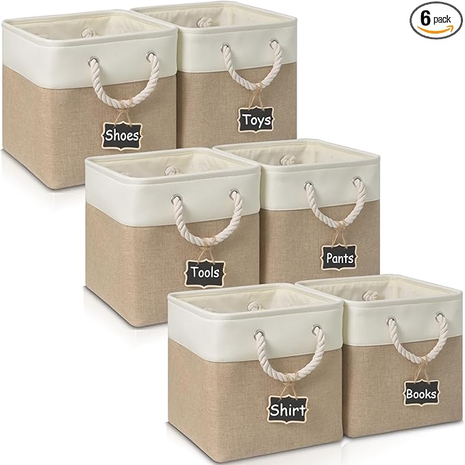 11x11 cube storage bins[6 Pack],Cube Storage Organizer Bins with Rope Handles, Eco-Friendly Linen Collapsible Organizers for Closet, Nursery, Toys, Office, Bathroom – Dual Color Design.(White&Khaki)