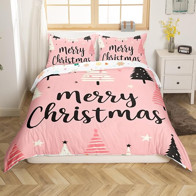 Feelyou Merry Christmas Bedding Set Christmas Tree Duvet Cover for Kids Boys Girls Stars Print Comforter Cover Pink Christmas Bedspread Cover with 1 Pillowcase 2Pcs Bedding Toddler,No Comforter