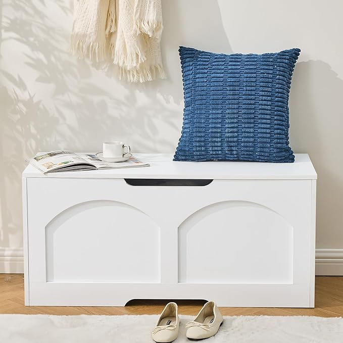 39.4" Storage Chest, Wooden Storage Bench, Storage Trunk, Chest with Lift Top, Large Box Entryway Bench, Supports 330 lb U-Shaped Opening for Entryway, Hallway, Living Room, White