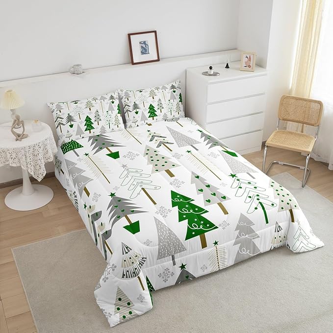 Castle Fairy Xmas Trees Full Size Comforter Set,Merry Christmas Pine Hand Drawn Bedding Comforters Bedroom Collection,Green Plant Snowflakes Winter Bedding Set for Girls Teens
