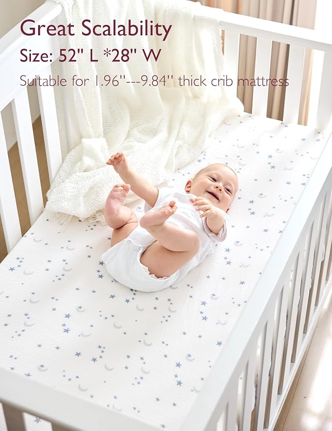 Momcozy Muslin Standard Fitted Crib Sheets, 52"x28", 2 Pack Soft Breathable Natural Cotton Baby Mattress Sheet, 360° Mattress Wrapping No Slip Boys Girls Neutral Toddler Bed Sheet, Blue Star Moon