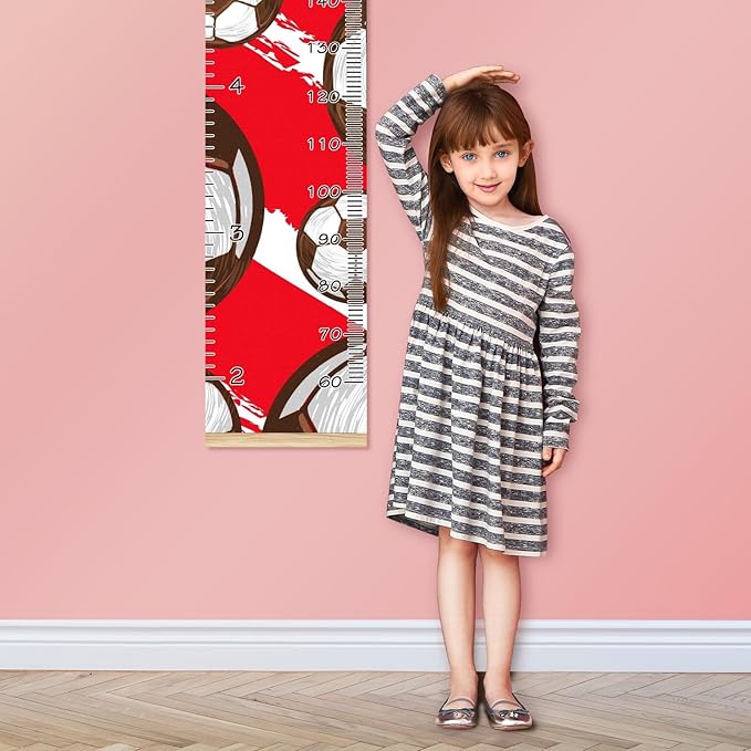 Personalized Kids Name Growth Chart Ruler for Wall Wood Frame Height Measure Chart 13.4x56 in Linen Hanging Height Growth Chart Football Soccer Red Kids Room Decor