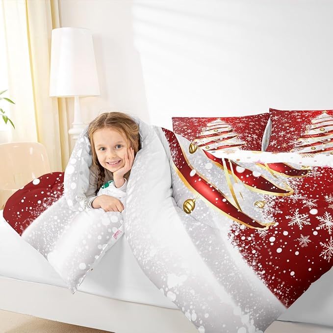 Feelyou Merry Christmas Comforter Set King Size Christmas Tree Bedding Set for Kids Boys Girls Snowflake Duvet Quilt Winter Bedroom Decor Microfiber 3 Pcs with 2 Pillow Cases