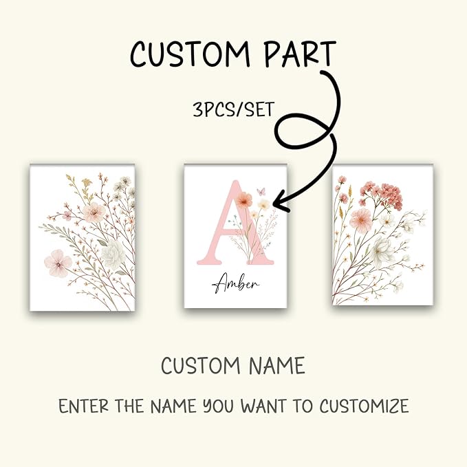 Personalized Girls Nursery Wall Art - Custom Name Pink Floral Butterfly Canvas Print 3pc Framed Wrapped Canvas for Bedroom Living Room Entryway Study Room Initial Wall Decor Baby Shower Birthday Easter Graduation New Year Valentine's Day Gift (40×60cm/...
