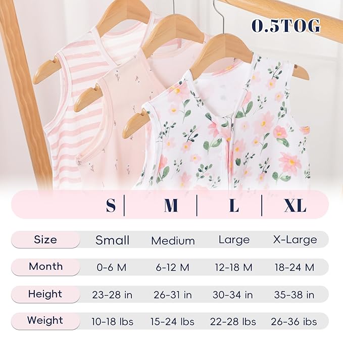 PHF Soft Baby Sleep Sack 12-18 Months 100% Organic Cotton Wearable Blanket, 2-Way Zipper 0.5 TOG Toddler Sleeping Sack 3 Pack, Comfy Sleep Bag for Baby Girls, Pink Floral (Large)