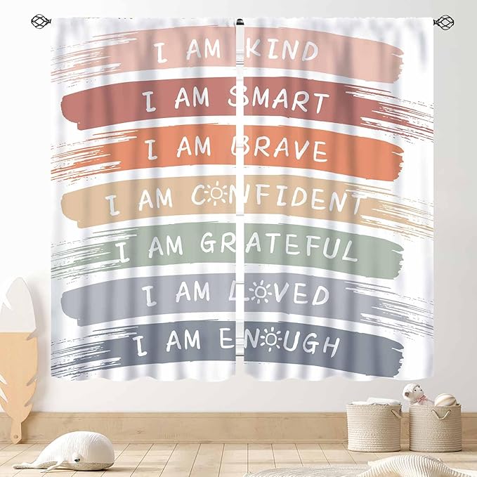 Rainbow Curtains for Classroom, Kids Girls Baby Boho Cute Inspirational Motivational Quotes Cartoon Colorful Pastel Nursery Classroom Bedroom Living Room Bathroom Window Drapes 2 Panels, 42"x45" Inch