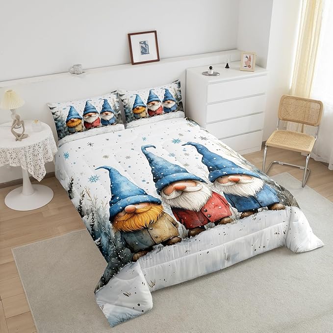 Manfei Cartoon Gnome Kids Comforter Set King Size,Christmas Winter Snowflake Retro Bedding Set,Boys Girls Room Decor,Jungle Pine Trees Rustic Down Comforter,Blue White Duvet Insert,2 Pillowcases