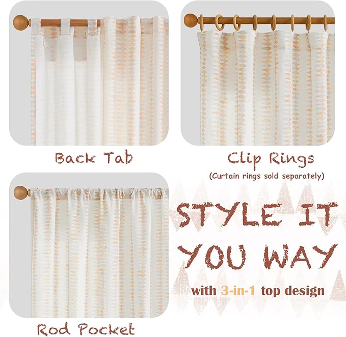 jinchan Linen Nursery Curtains for Living Room Boho Curtains for Bedroom Kids Room 96 Inches Long Pink Geometric Printed Farmhouse Drapes Rod Pocket Window Treatment Curtain Set of 2 Panels Peachy
