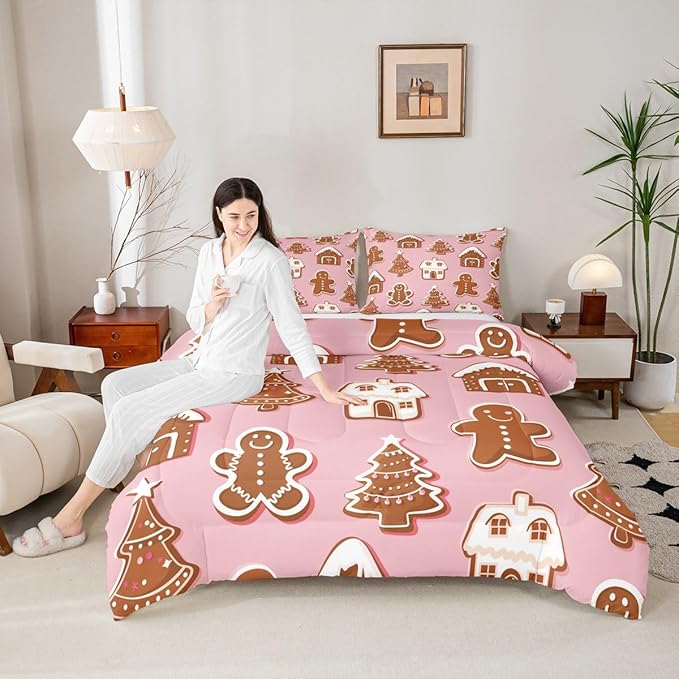 Feelyou Christmas Comforter Set King Size Gingerbread Man Bedding Set for Kids Boys Girls Snowflake Duvet Quilt Xmas Tree Bedroom Decor Microfiber 3 Pcs with 2 Pillow Cases