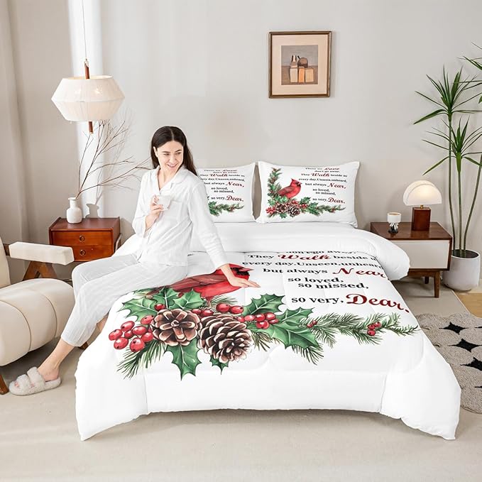 Red Cardinal Girl Bedding Set Twin Size,Christmas Birds Holly Pinecones Comforter Set,Berry Poinsettia Rustic Animal Quilt Comforter Girls Boys Teens,White Red Green Room Decor All Season,1 Pillowcase
