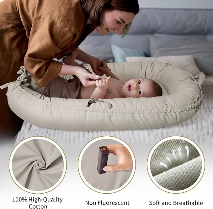 Baby Lounger - Baby Lounger for Newborn 0-24 Months, Soft Breathable Cotton Infant Lounger Cover, Portable Baby Nest for Travel, Newborn Essentials (Silver)