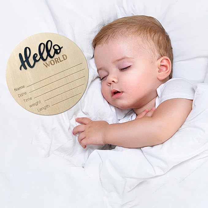 Baby Announcement Sign, 5.9 Inch Wooden Hello World Newborn Signs, Birth Announcement Sign, Baby Shower Hospital Nursery for Newborn Boys and Girls (Black)