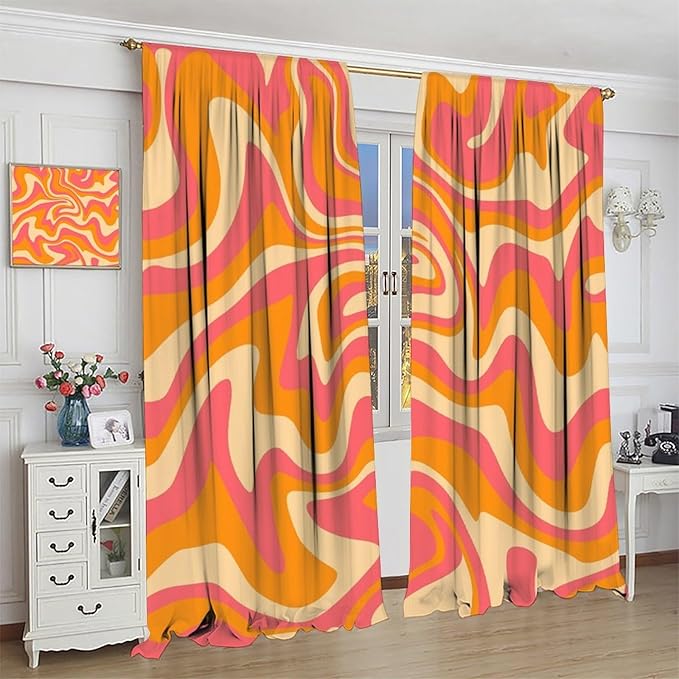 Abstract Wavy Swirl Curtains,60s 70s Groovy Aesthetic Retro Boho Orange Pink Abstract Curtains for Girls Bedroom Living Room Window 52"" W X 84"" L, Style-2