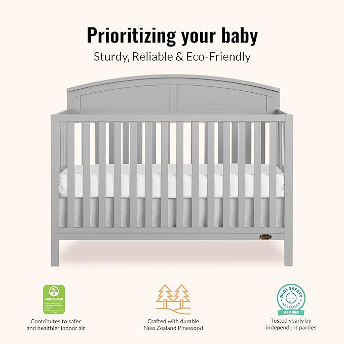 Dream On Me Storybrooke 5-in-1 Convertible Full-Size Baby Crib in Pebble Grey, GreenGuard Gold & JPMA, Convert to Toddler, Day & Full-Size Bed, Sustainable Pinewood, 3 Mattress Heights