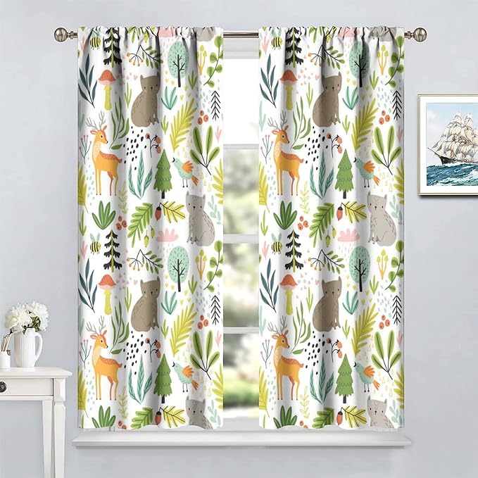 Cartoon Forest Kids Blackout Curtains,Cute Woodland Wild Animals Colorful Deer Plants Trees Print Pattern Thermal Insulation Window Drapes for Nursery Boys Girls Bedroom,White Background 63x72in