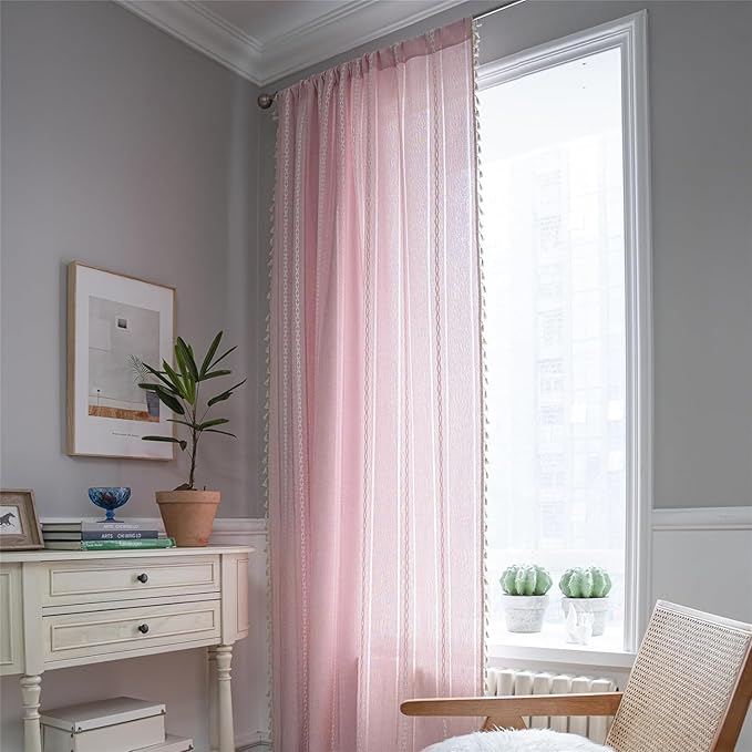 Deeprove Blush Pink Boho Curtains 108 inches Length for Girls Nursery Bedroom, Home Decor Privacy, Bohemian Semi-Blackout Window Treatment Tassel Drape 108 inches Long (1 Panel, W52 x L108)