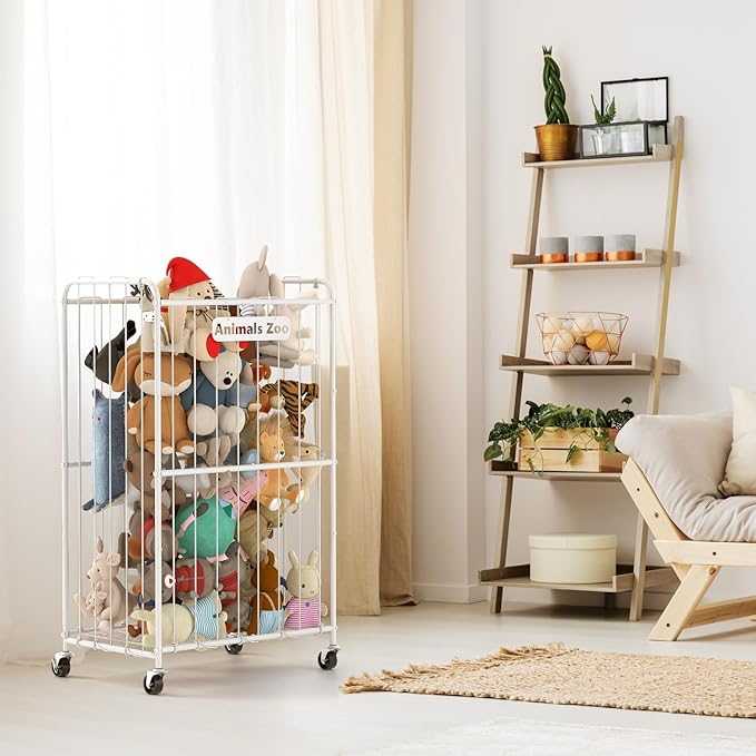 250L Stuffed Animal Organizer Plush Toy Storage Organizer Toy Storage Basket, Kids Toy Storage Bins with Wheels, Metal Frame and Elastic Cord Design, Suitable for Storage of Any Stuff