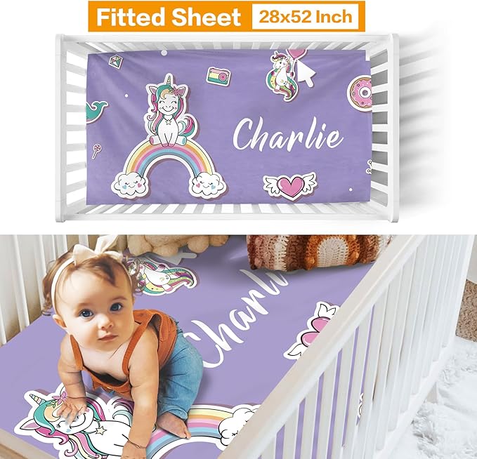 Custom Crib Bedding Set - Magical Horse Design Personalized Name Baby Nursery Bedding 3 Pcs Set - Chic Soft Blanket, Sheet, Pillowcase for Newborns Boys Girls Gifts Color17