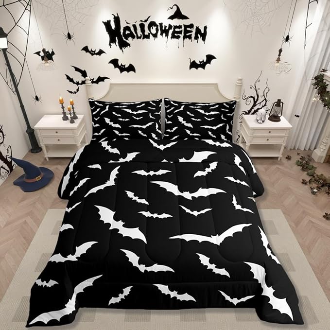 Erosebridal Bat Comforter Set Twin Size for Kids Bedroom with 1 Pillow Case Happy Halloween Bedding Set Gothic Spooky Duvet Insert Cartoon Style Quilt, Black White