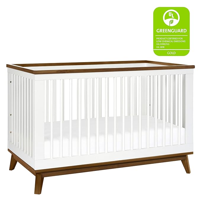 Babyletto Scoot 3-in-1 Baby Crib Convertible to Wooden Toddler Bed, Daybed - GREENGUARD Gold Certified - Easy Assembly, Made of 100% Solid Wood - Includes Toddler Conversion Kit - White/Natural Walnut