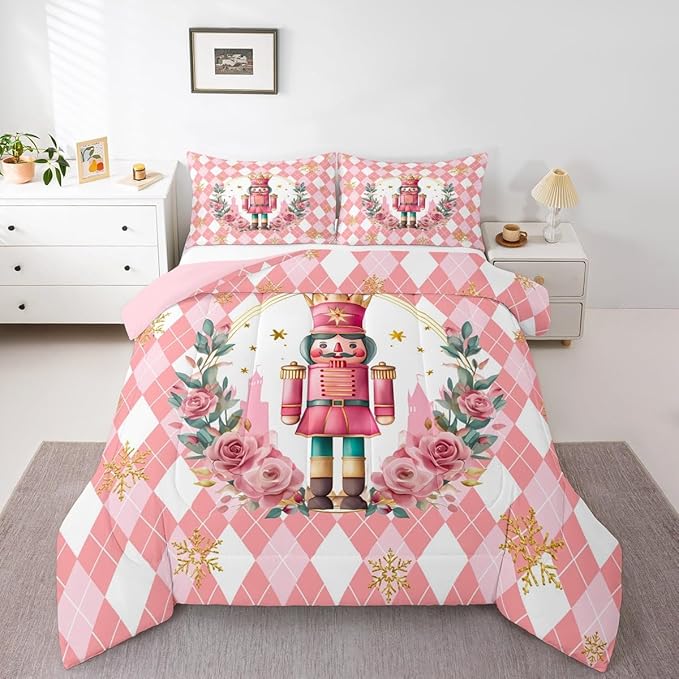 Feelyou Christmas Comforter Set Twin Size Pink Nutcrackers Bedding Set for Kids Boys Girls Rhombus Pattern Duvet Quilt Floral Bedroom Decor Snowflake Microfiber 2 Pcs with 1 Pillow Cases
