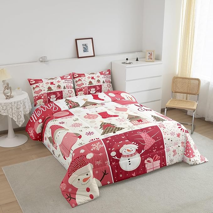 Christmas Tree Bedding Set Full Size,Merry Christmas Comforter Set for Kids Boys Girls Room Decor,Snowman Christmas Tree Snowflake Duvet Insert 3Pcs,Cartoon Plaid Patchwork Quilt Set,2 Pillowcases