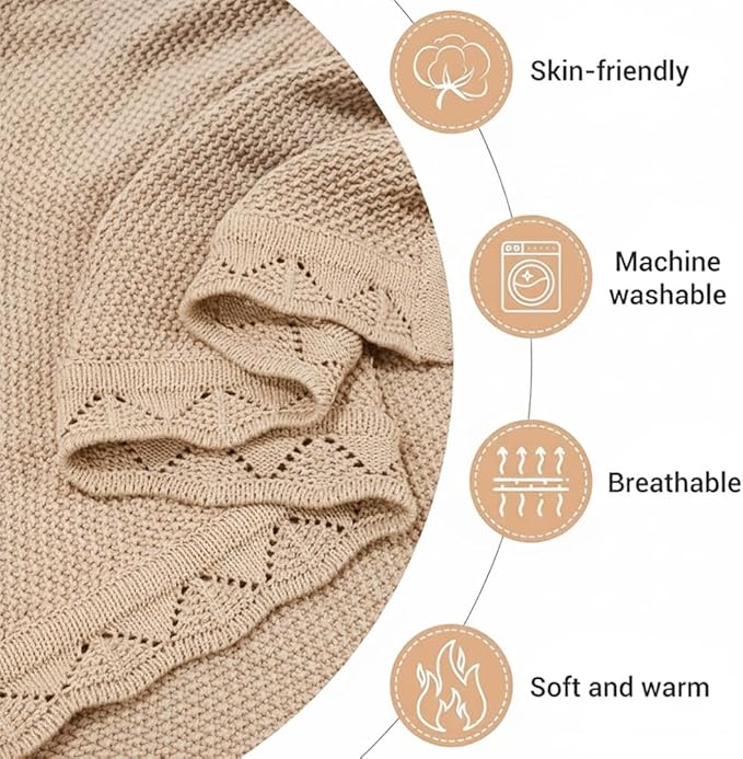 Baby Knit Blanket Soft Breathable Cotton Scallop Border Blankets Newborn Knitted Blanket Swaddle Blankets Gifts for Baby Newborn Toddler Shower Boy Girl New Mom Birthday Christmas Beige 30x30