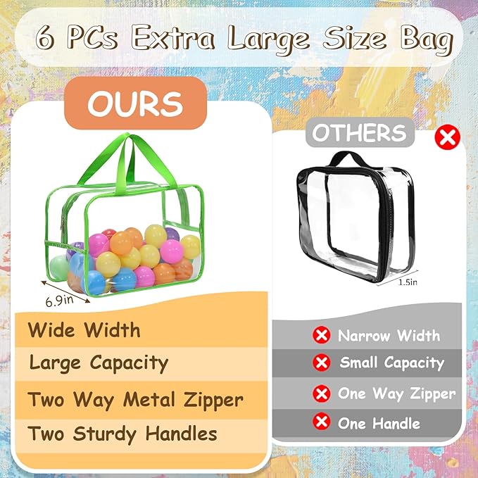 12.6 * 9.25 * 6.9 IN Extra Large Toy Storage Bags, 6 Packs Clear Colorful Waterproof Toy Organizer Bags with Labels, Dual Zippers and Portable Handheld Design, Board Game Storage for Building Blocks