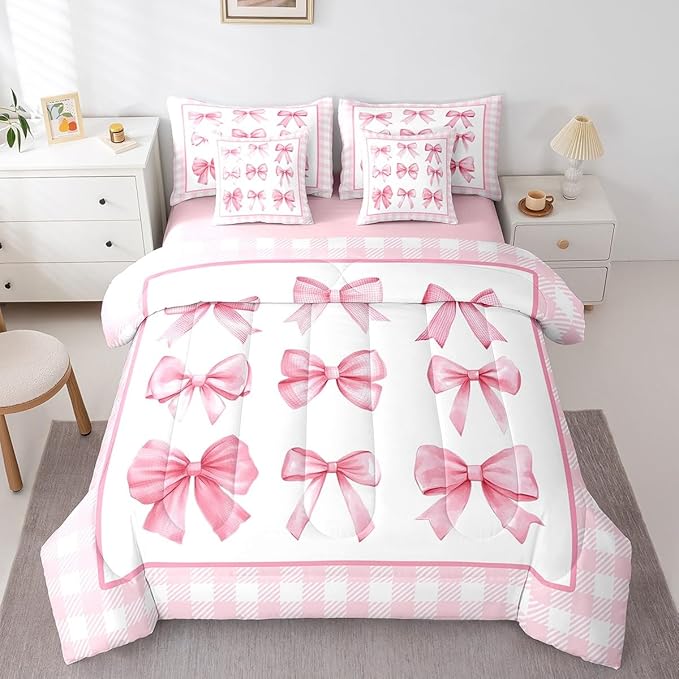 7 Pieces Pink Bowknot Kids Comforter King,Geometric Plaids Grids Patchwork Fashion Bedding Set,Bow Tie Knot Princess Romantic Chic（Comforter+Fitted+Flat Sheet+2 Pillowcases+2 Throw Pillow Covers）