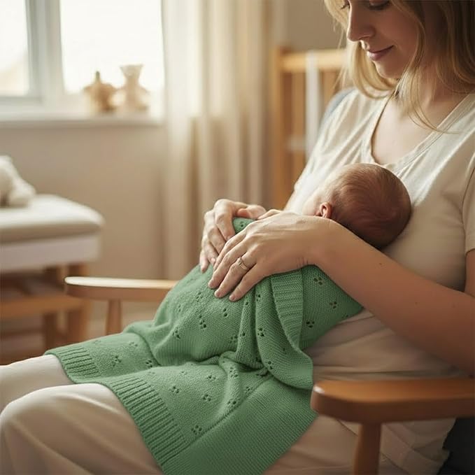 Baby Knit Blanket, 100% Cotton Eyelet Patterns, Soft, Cozy, Lightweight Swaddle for Newborn & Infant Swaddling Beige Neutral, Perfect Baby Shower Ideas Green 30x30