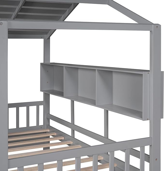 Modern Twin Size House Bed with Roof and Window, Wooden Daybed Frame with Shelves and 2 Drawers,Bedroom Furniture for Girls & Boys (Gray+2 Drawers/)