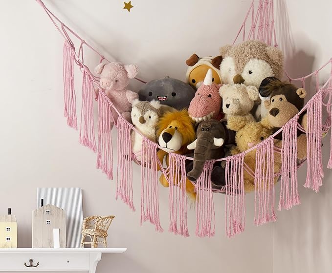 Stuffed Animal Hammock Corner Net with LED Light - Toy Storage Holder - Pink Cute Room Bedroom Decor for Teen Girls - Cute Bedroom Aesthetic Stuff for Baby Nursery Toddler Kids 8-10 - 12 Years Old