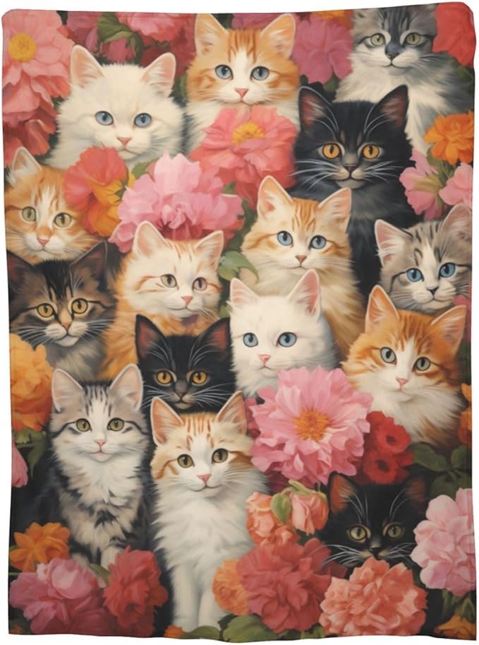 Cute Cat Blanket Gifts for Cat Lovers Girls Women Kitten Floral Flannel Throw Blankets for Home Couch Bed Sofa Soft Fuzzy Lightweight Decor All Season 50x40 Inches