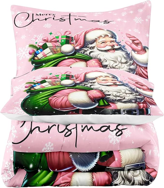 LUVIVIHOME 3PCS Merry Christmas Comforter Set King Size, Funny Santa Claus Bedding, Kids Teens Girls Bedding, Winter Snowflake New Year Christmas Bedroom Decor, Pink Quilt, Xmas Gifts, 2 Pillow Shams