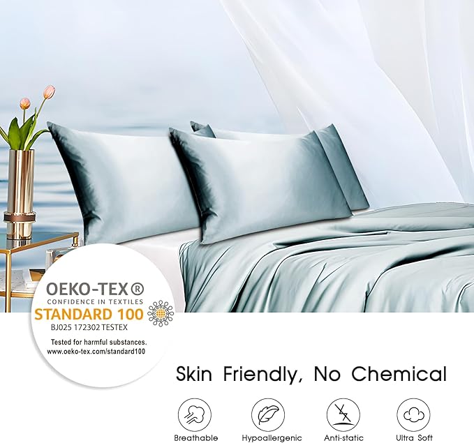 100% Mulberry Silk Pillowcase for Hair and Skin,Both Sides Natural Silk Bed Pillow Case with Hidden Zipper,19 Momme Grade 6A,1pc,Pale Blue,Standard Size 20x26 Inches