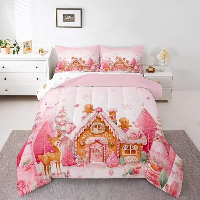 jejeloiu Kids Christmas Theme Comforter Set Queen Size Cute Deer Gingerbread Man Bedding Set for Boys Girls Teens Pink Xmas Tree Candy House Snowflake Winter Duvet Quilt Room Decor