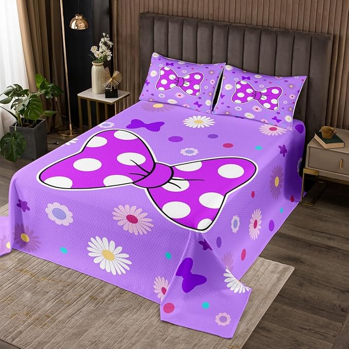 Manfei Purple Bowknot Kids Bedspread King Size,Star Daisy Floral Geometric Dots Patch Coverlet Set,Girls Women Room Decor,Bow Tie Princess Cute Quilted Coverlet,Romantic Bedding Quilt,2 Pillowcases