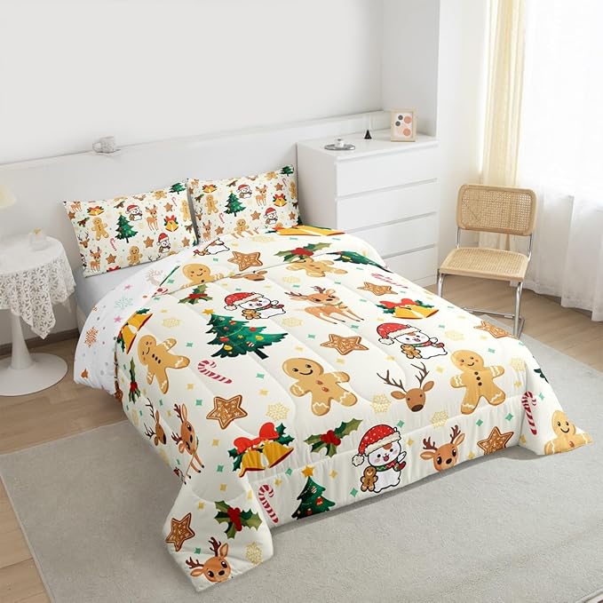 Feelyou Merry Christmas Kids Comforter Set Full Size Gingerbread Man Bedding Set Cute Deer Duvet Quilt for Kids Boys Girls Bedroom Christmas Tree Decor Microfiber Ultra Soft Breathable