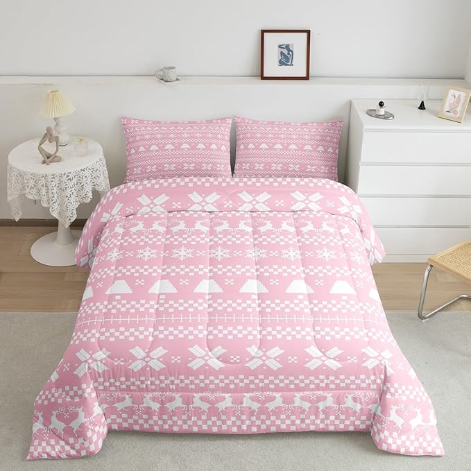 Feelyou Pink Christmas Bedding Set for Kids Boys Girls Twin Size Xmas Deer Elk Decor Comforter Set Ultra Soft Winter Comforter Snowflake Duvet Quilt Bedroom Decor Christmas Ornaments Quilt