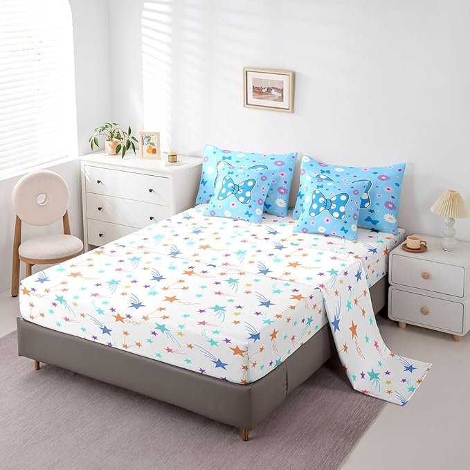 7 Pieces Blue Bowknot Kids Comforter Set Twin,Daisy Flowers Geometric Dot Patchwork Bedding Set,Star Bow Tie Princess Cute Dreamy（Comforter+Fitted+Flat Sheet+2 Pillowcases+2 Throw Pillow Covers）
