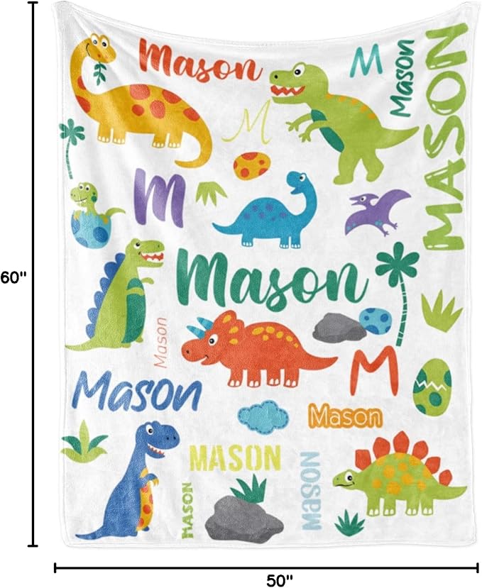 Personalized Dinosaur Blanket with Name for Boys, Custom Name Blanket for Teen Dino, Soft Flannel Dinosaur Blankets Customized Gift for Birthday 50"x60"