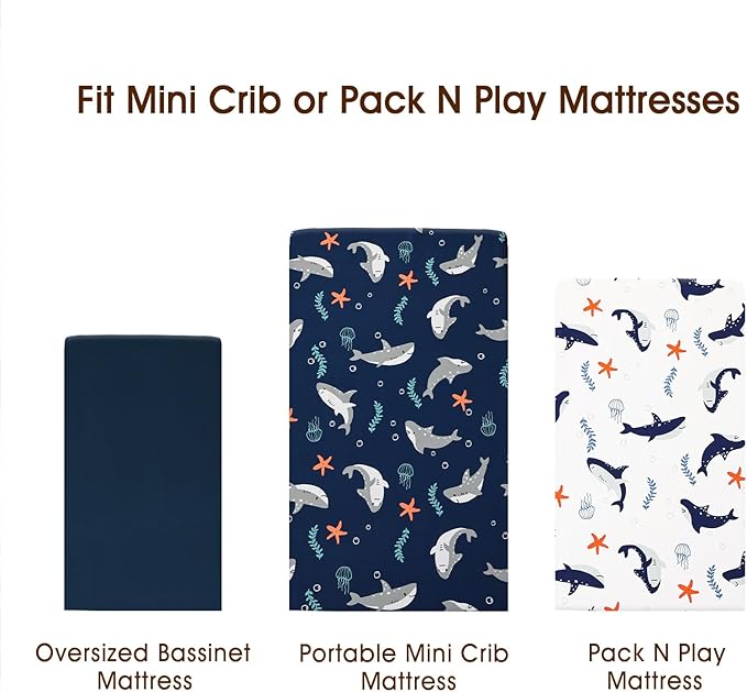 PHF 3 Pack Soft Mini Crib Sheets, Shark Pack N Play Sheets for Baby Boys, No Slip Universal Fit for Pack N Play, Playard, Portable and Mini Crib Mattresses, Shark