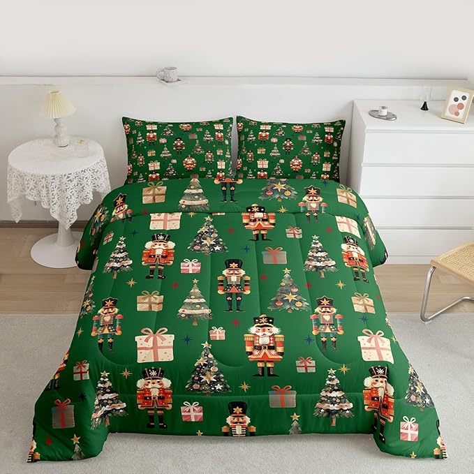 jejeloiu Xmas Nutcracker Comforter Set Queen Size Christmas Green Bedding Set for Kids Boys Girls Cute Snowflakes Duvet Quilt Bedroom Decor